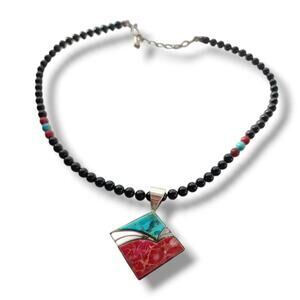 Jay King DTR Necklace Sterling Silver Inlay Turquoise Pendant Black Onyx Beaded
